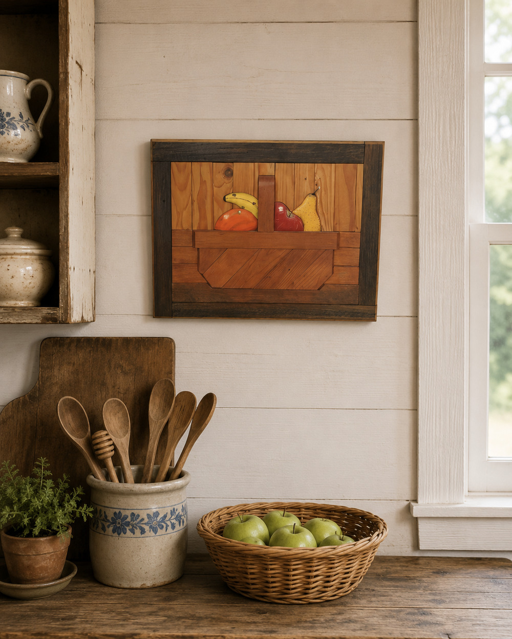 Vintage 1980s Handmade Still Life Wood Art Wall Hanging Country Farmhouse Cottag